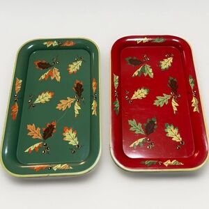 Vintage Decorative Metal Tray Leaf Set Green Red Oak Leaves Acorns Red & Green